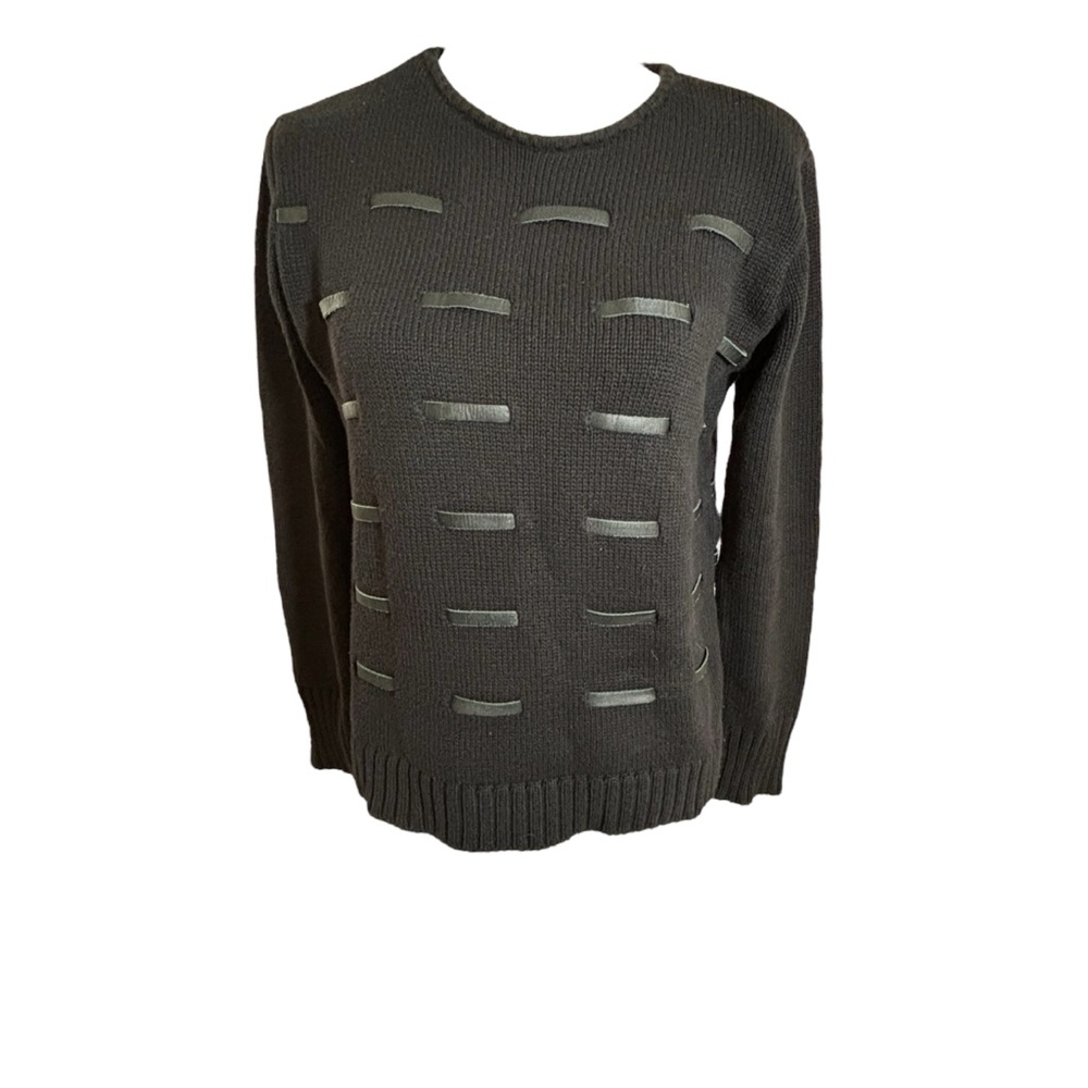 Uma Raquel Davidowicz Black Long Sleeve Leather Trim Sweater Size Small (US 4)